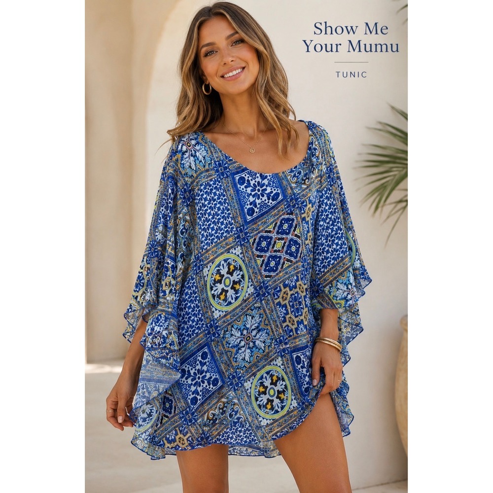 Show Me Your Mumu Tunic Top Large Blue Yellow Tile Print Flutter Sleeve‎ Sheer L